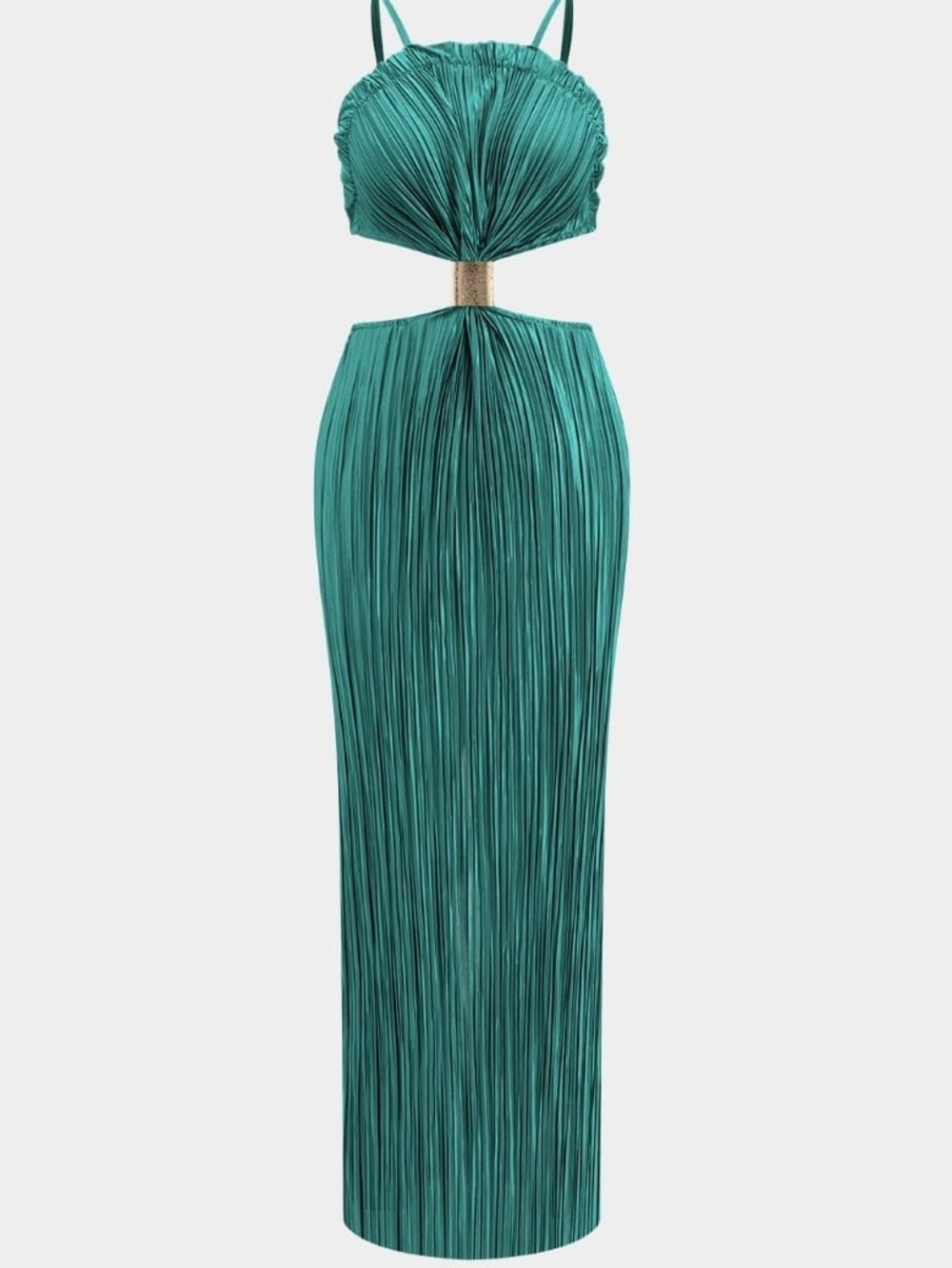 Elegant Teal Pleated Cutout Maxi Dress with Gold Accent